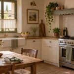 Cucina contemporanea con bordo smerlato su ceramica, tendina e mensola