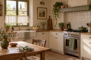 Cucina contemporanea con bordo smerlato su ceramica, tendina e mensola