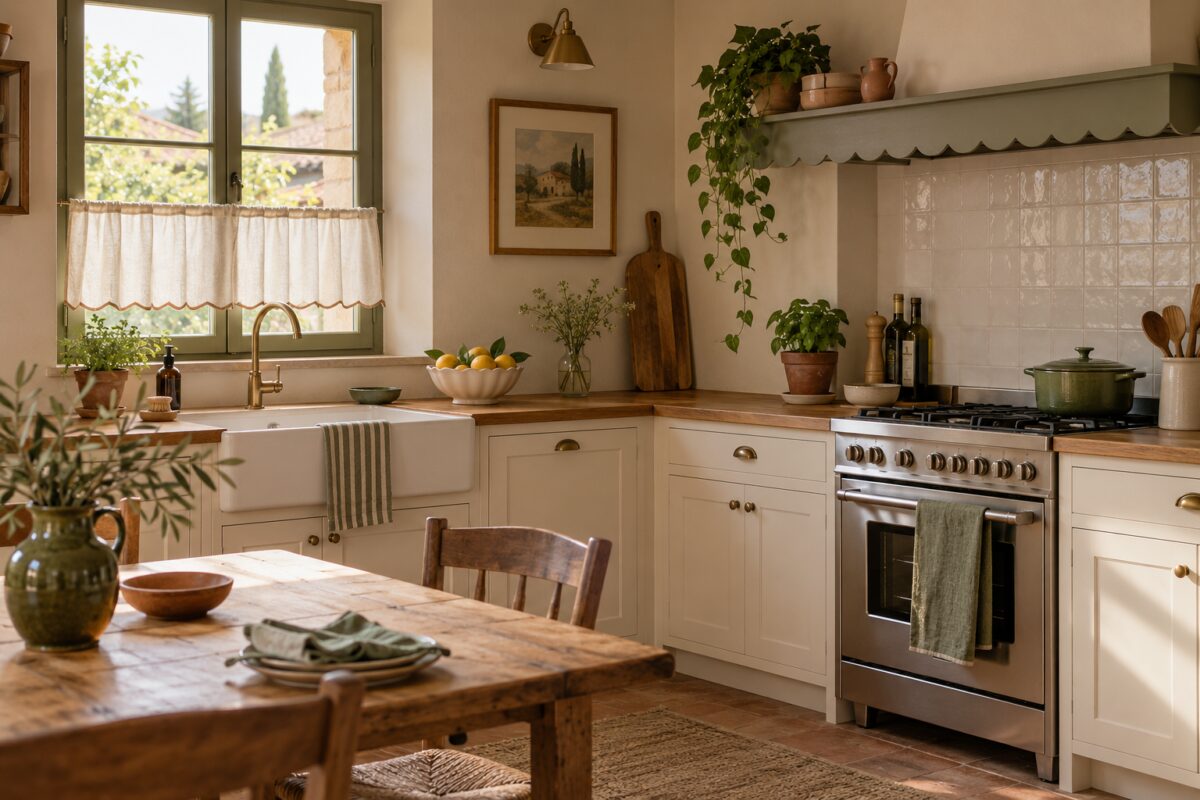 Cucina contemporanea con bordo smerlato su ceramica, tendina e mensola