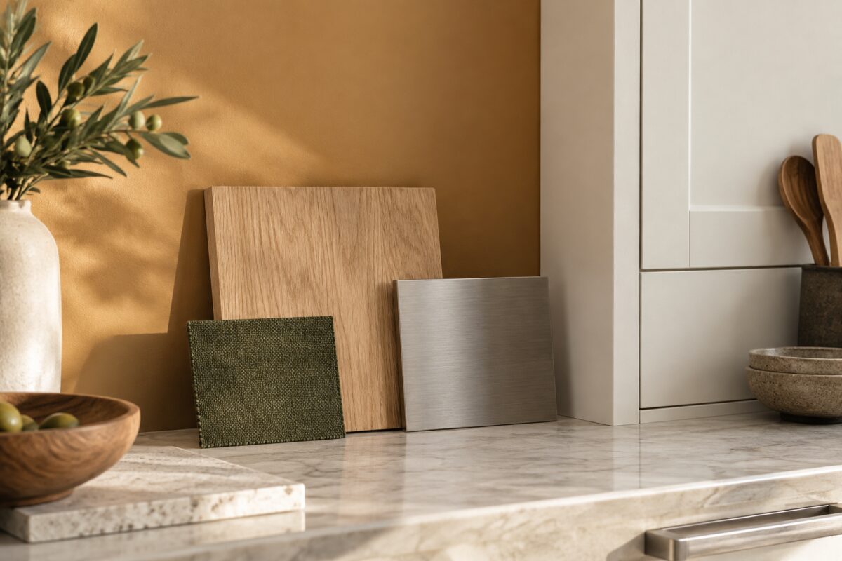 Campioni di caramello miele, rovere, acciaio e verde oliva