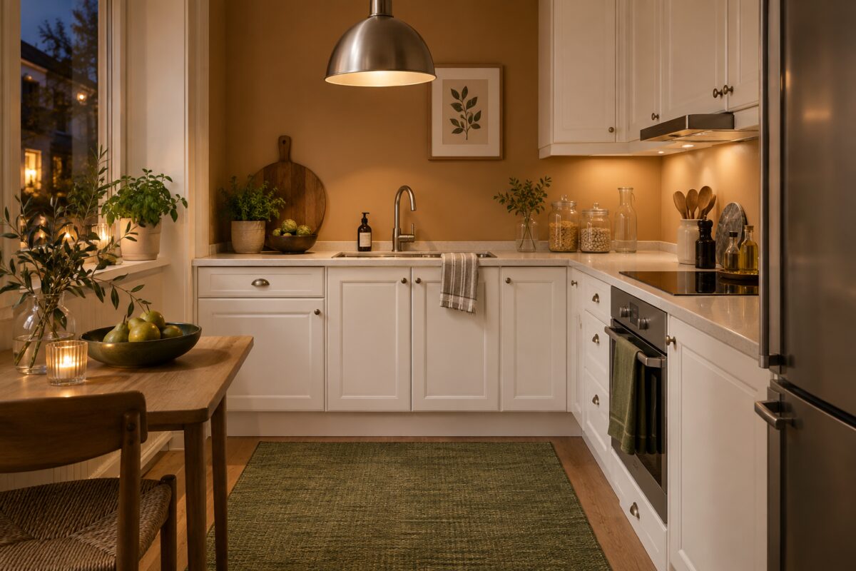 Piccola cucina luminosa con parete caramello e accessori coordinati