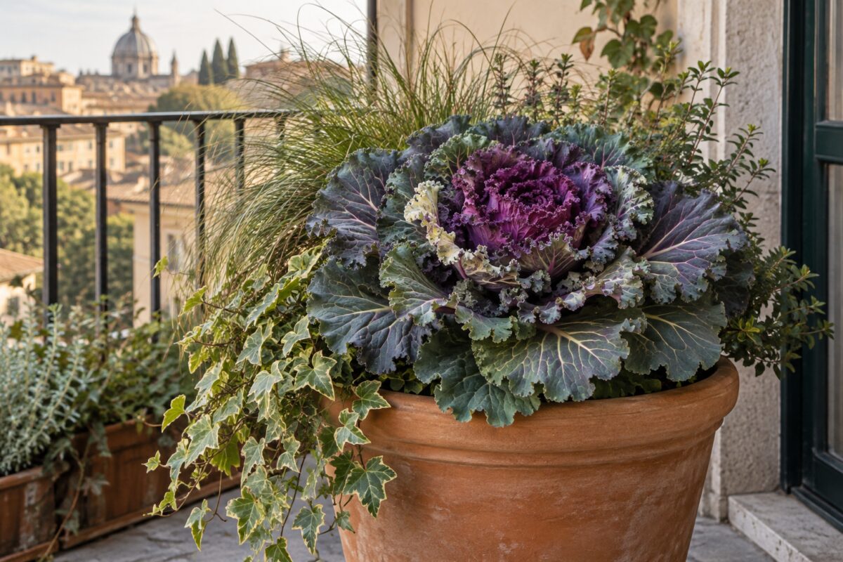 Cavolo ornamentale viola e crema in un grande vaso di terracotta sul balcone