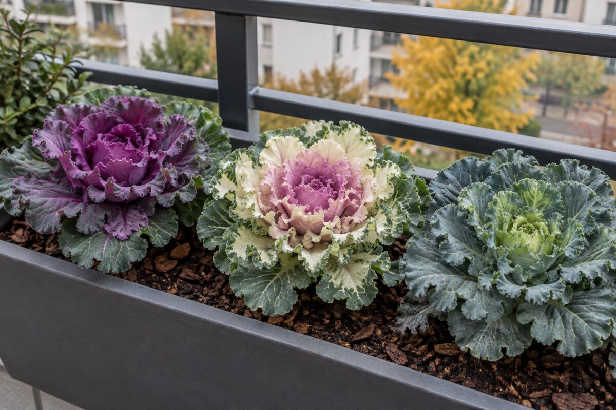 Tre cavoli ornamentali compatti in una fioriera da balcone