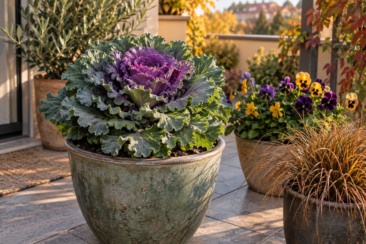 Cavolo ornamentale abbinato a viole e graminacea in vaso