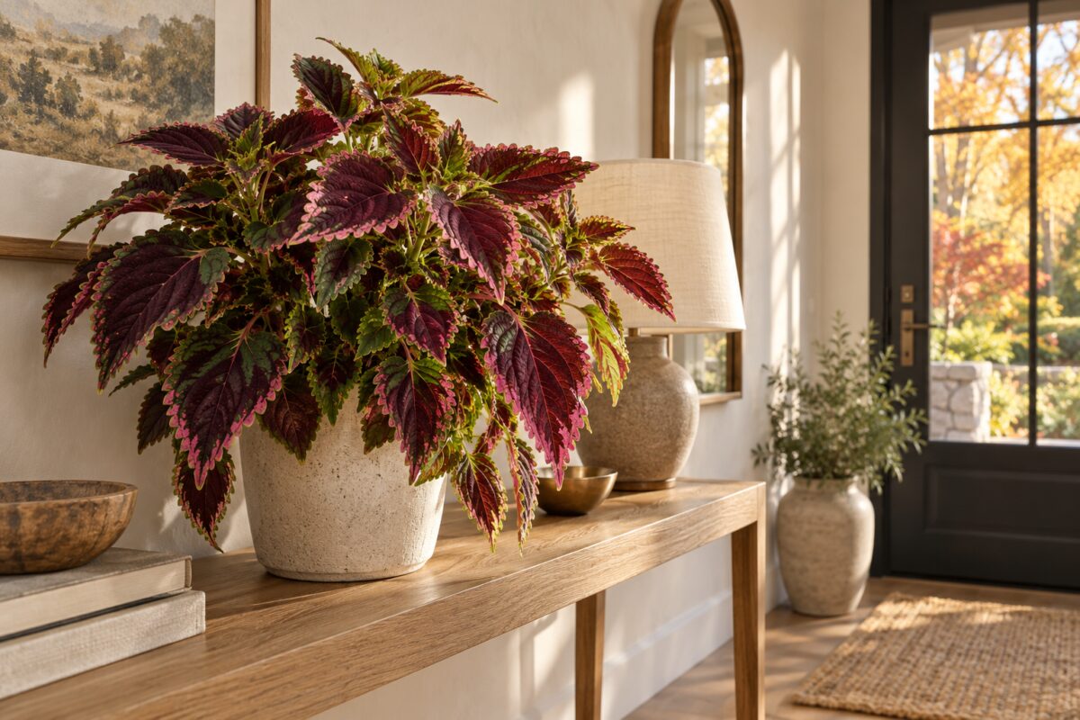 Coleus color prugna usato come decorazione su una consolle