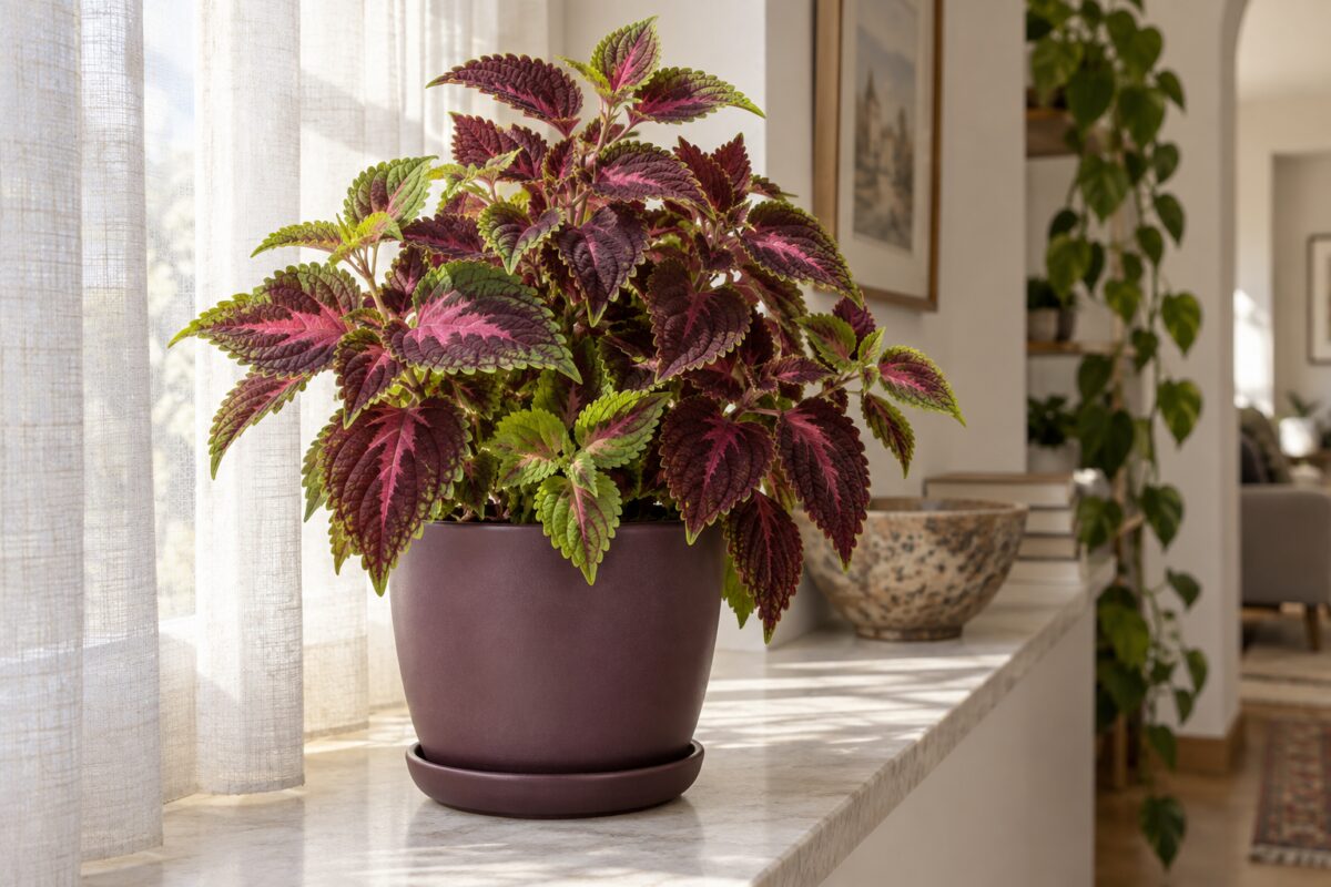 Coleus in vaso davanti a una finestra con luce filtrata