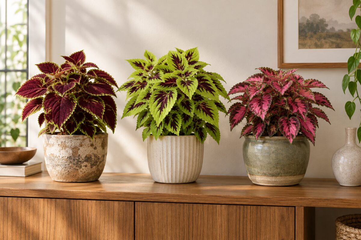 Composizione di tre coleus colorati su un mobile in legno