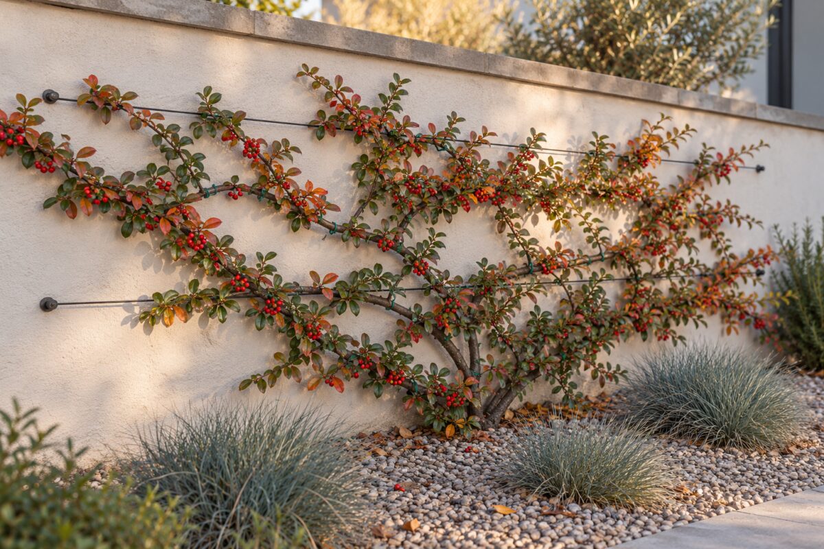 Cotoneaster horizontalis guidato con fili sottili lungo un muro del giardino