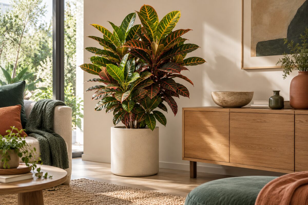 Croton in vaso crema accanto a una consolle in rovere in soggiorno