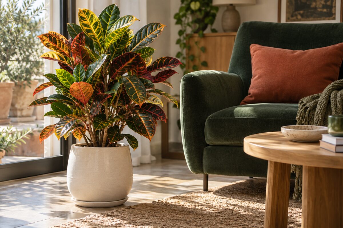 Croton abbinato a verde bosco, terracotta e legno chiaro in un angolo del soggiorno