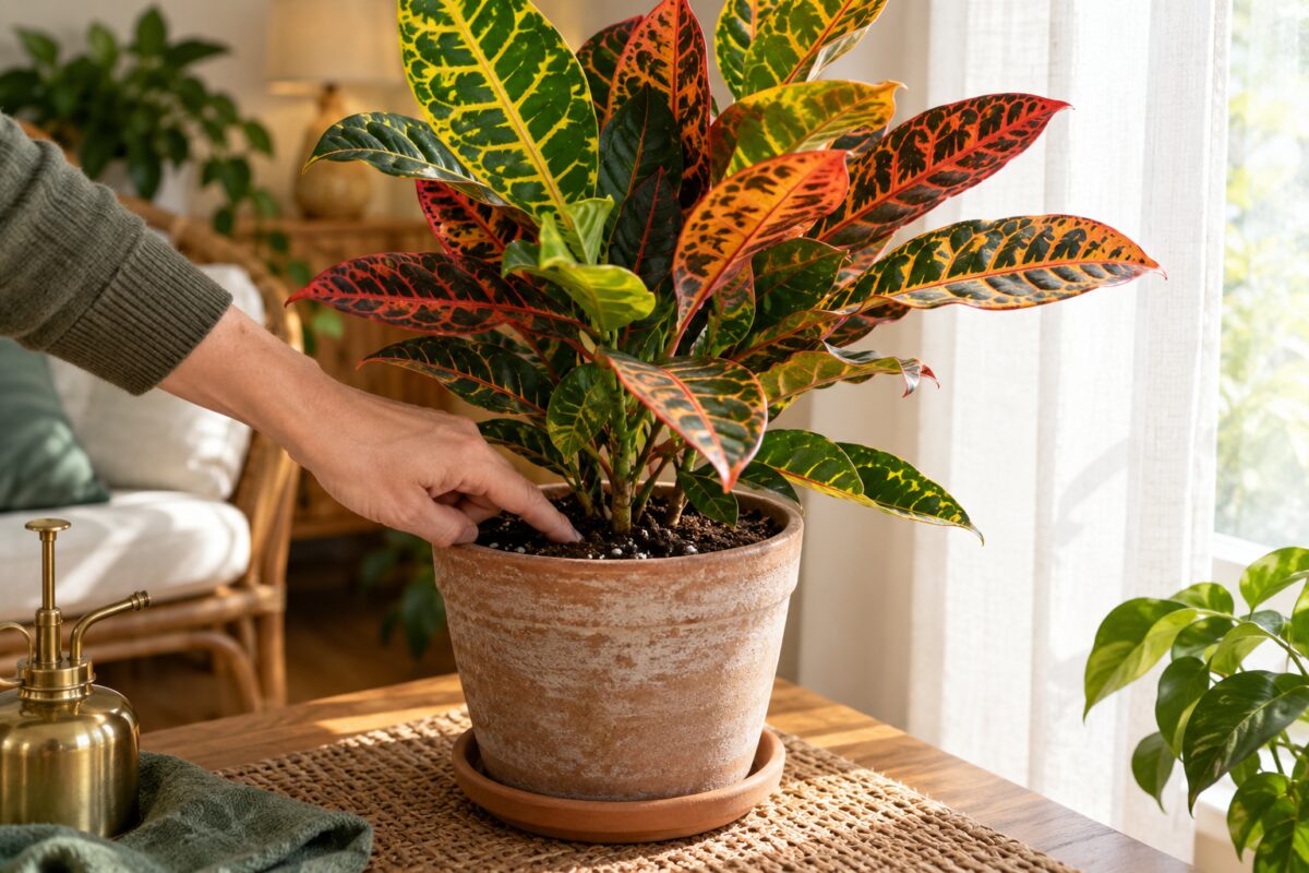 Controllo del terriccio di un croton vicino a una finestra con luce filtrata