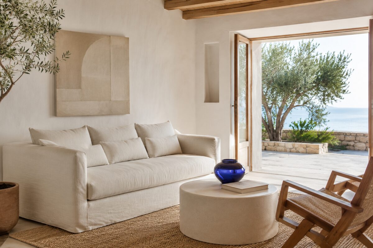 Soggiorno Greek chic con pareti bianche e dettagli blu cobalto
