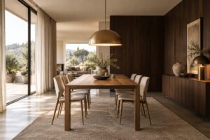 Sala da pranzo luminosa con una parete in legno di noce scuro