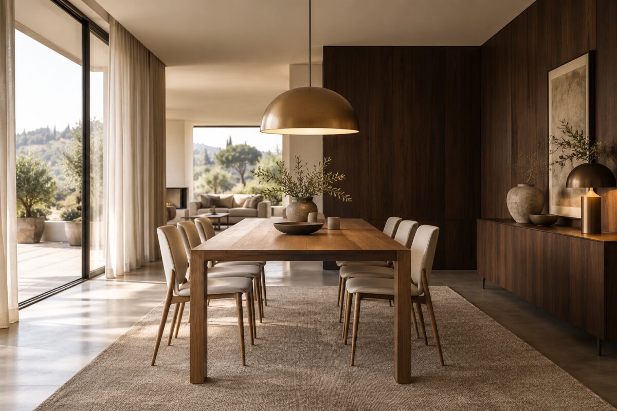 Sala da pranzo luminosa con una parete in legno di noce scuro