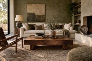Soggiorno Modern Artisan con legno espressivo ceramica lino e metallo patinato