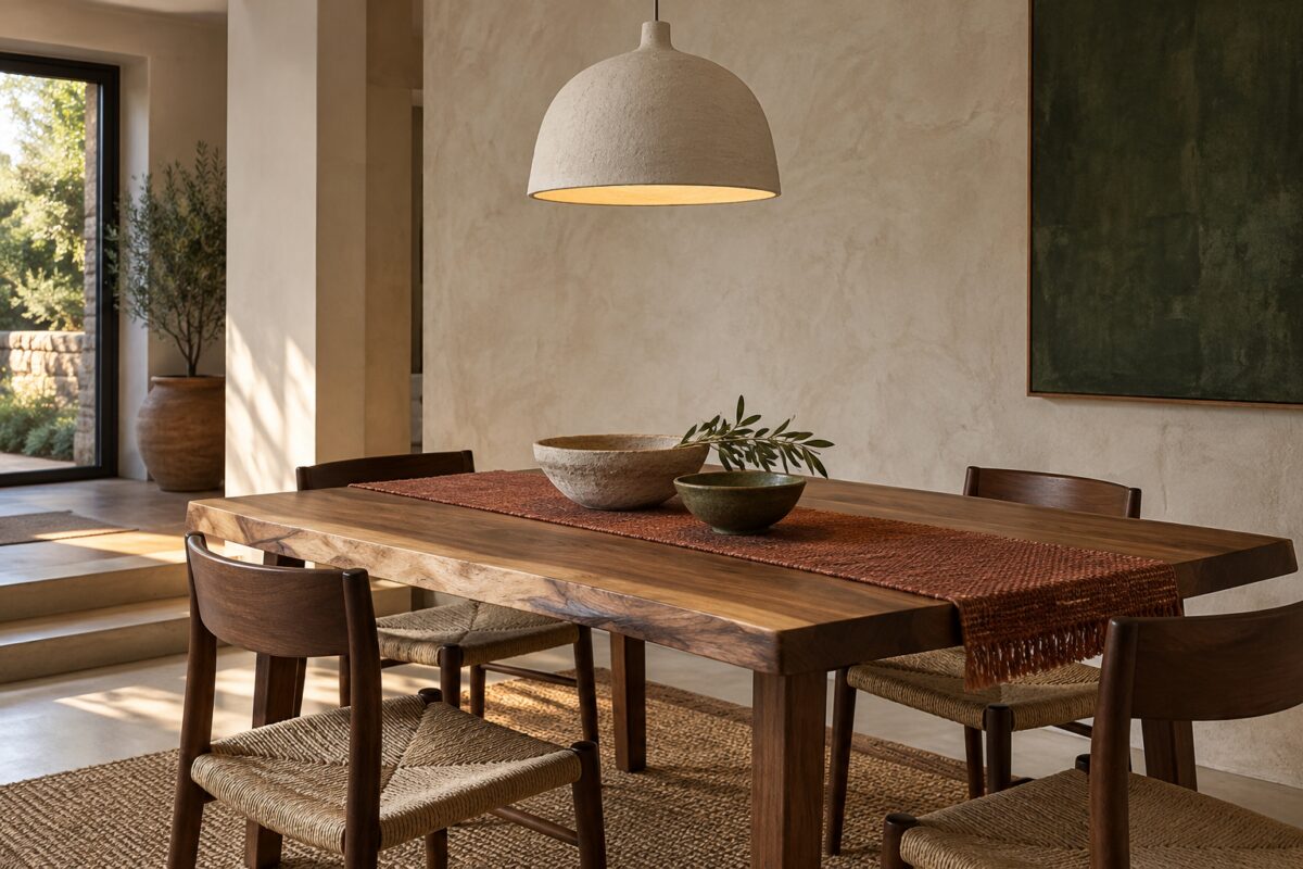 Zona pranzo Modern Artisan con tavolo in legno e parete a calce