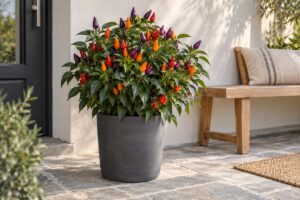 Il peperoncino ornamentale accende ingresso e balcone con frutti viola, arancio e rossi
