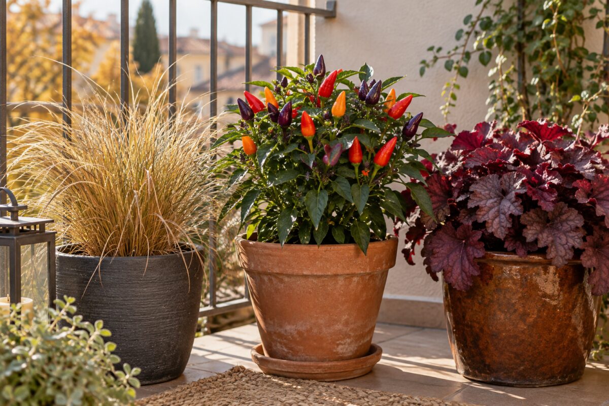 Composizione autunnale con peperoncino ornamentale, graminacea e heuchera in vasi coordinati