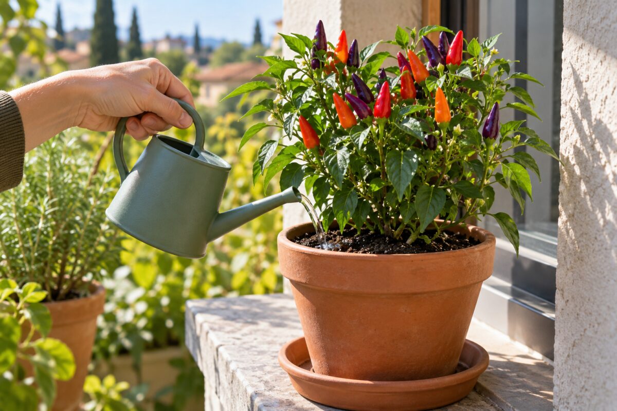 Annaffiatura del peperoncino ornamentale su un davanzale luminoso con sottovaso asciutto