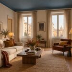 Soggiorno con soffitto blu denim, pareti chiare e materiali caldi