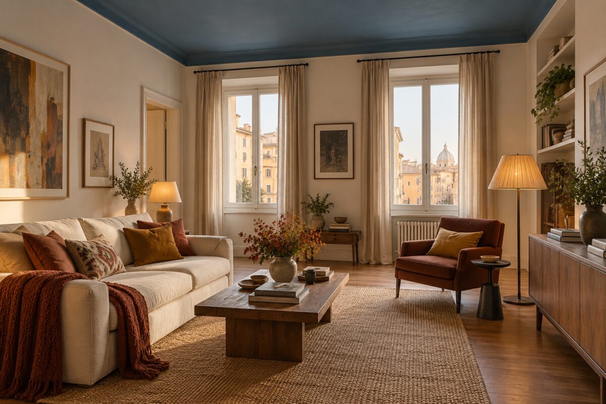 Soggiorno con soffitto blu denim, pareti chiare e materiali caldi
