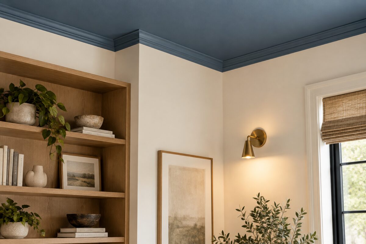 Dettaglio del raccordo tra soffitto blu e pareti bianche