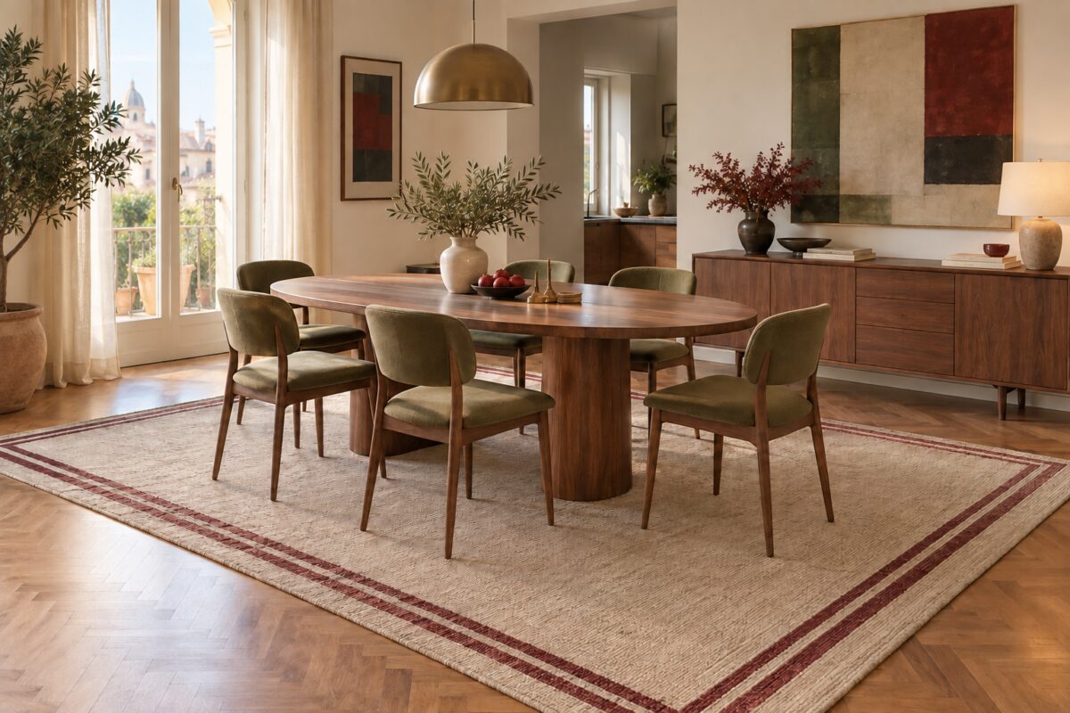 Sala da pranzo con tavolo ovale e sedie interamente appoggiate su un grande tappeto