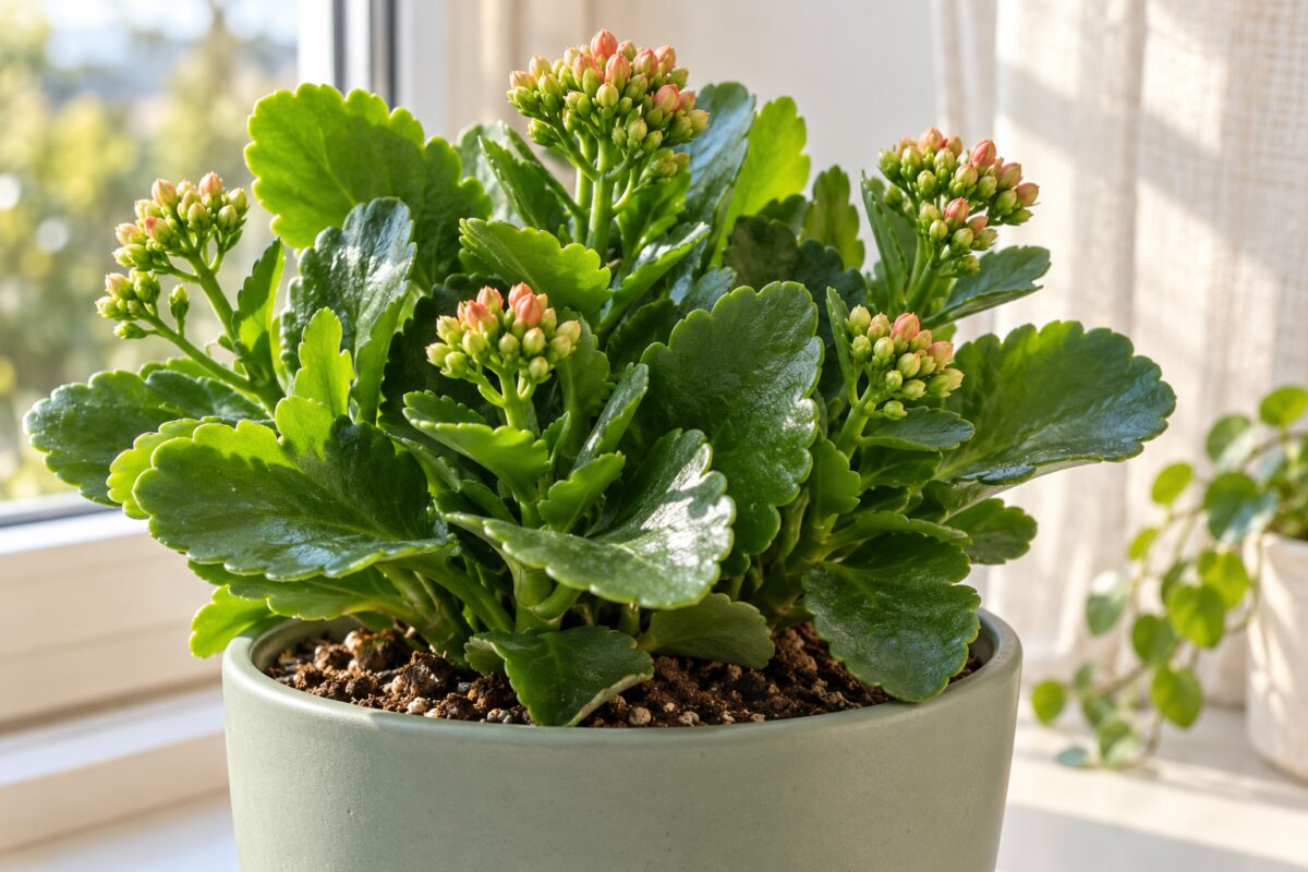 Boccioli di Kalanchoe sopra foglie carnose in un vaso verde salvia