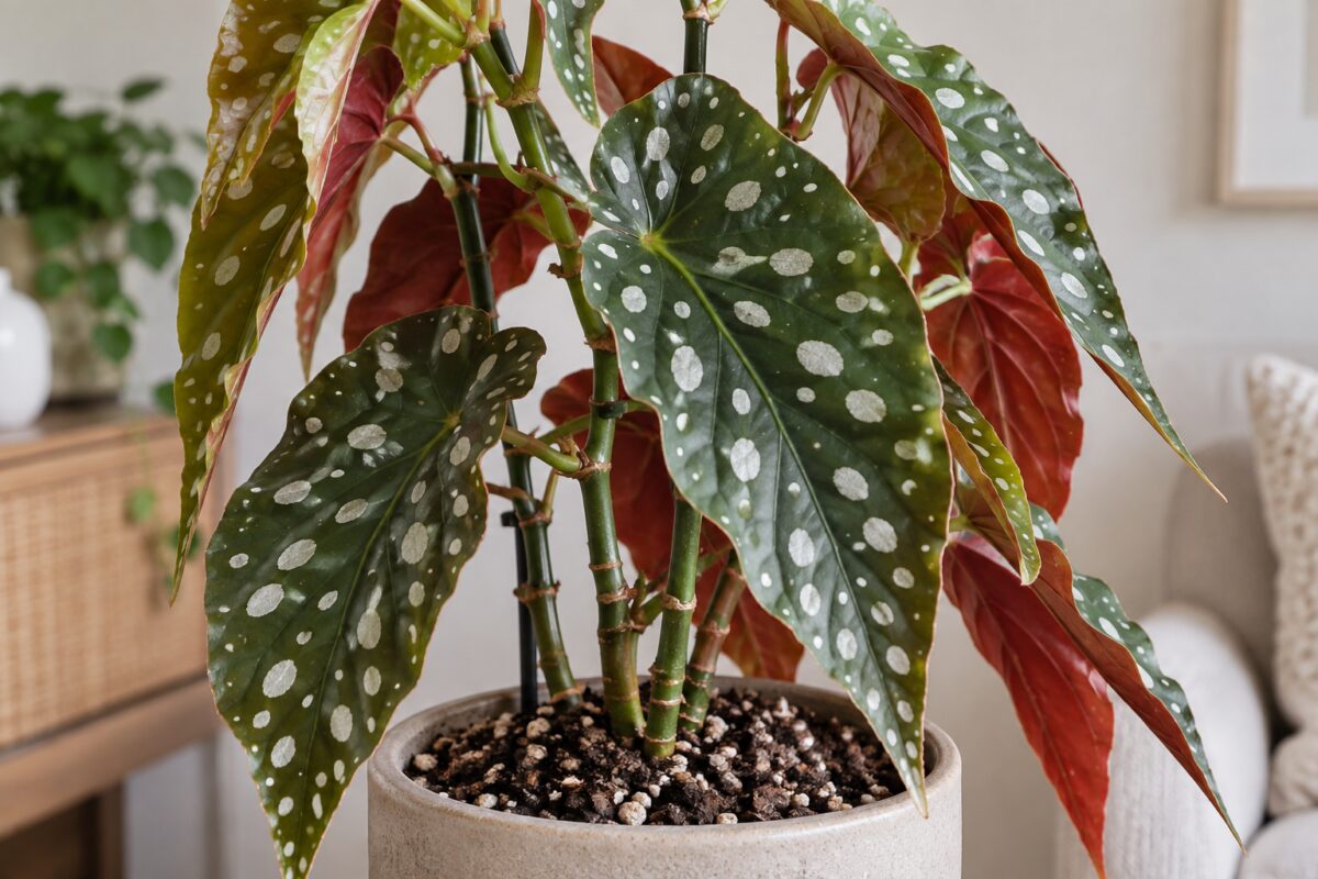Dettaglio delle foglie verdi a pois e del retro rossastro della Begonia maculata
