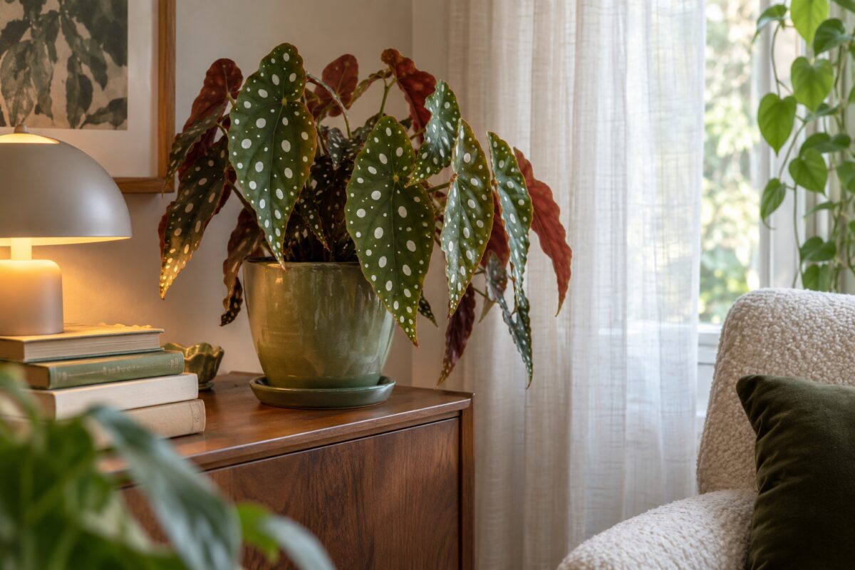 Begonia maculata in un angolo lettura vicino a una finestra con luce filtrata
