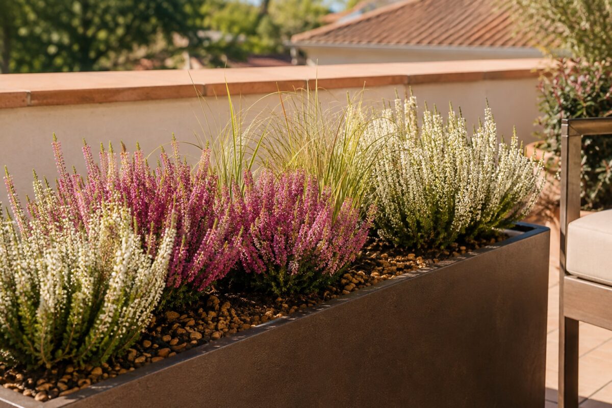 Fioriera autunnale con Calluna, erica bianca e piccole graminacee
