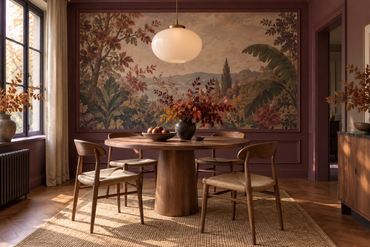 Sala da pranzo con grande pannello botanico incorniciato color prugna