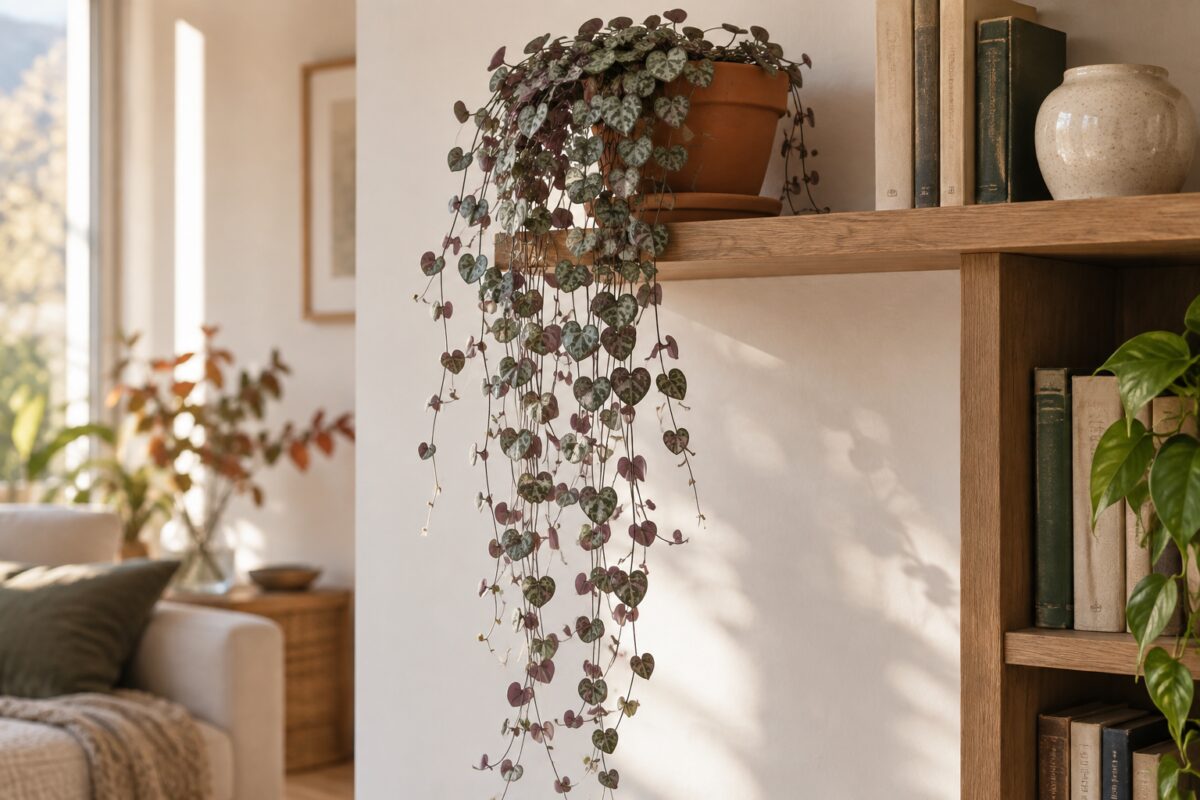 Ceropegia woodii ricadente da una mensola accanto alla libreria