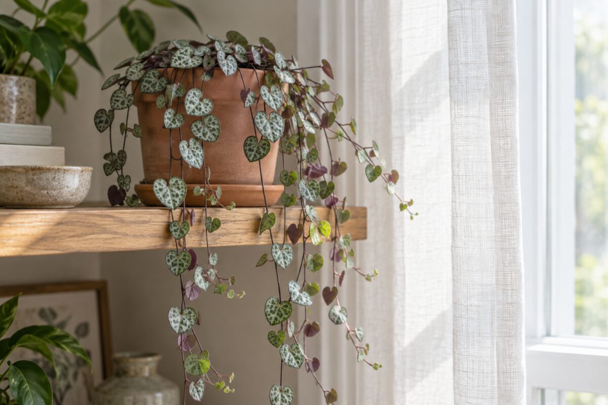 Ceropegia su una mensola luminosa vicino a una finestra con tenda