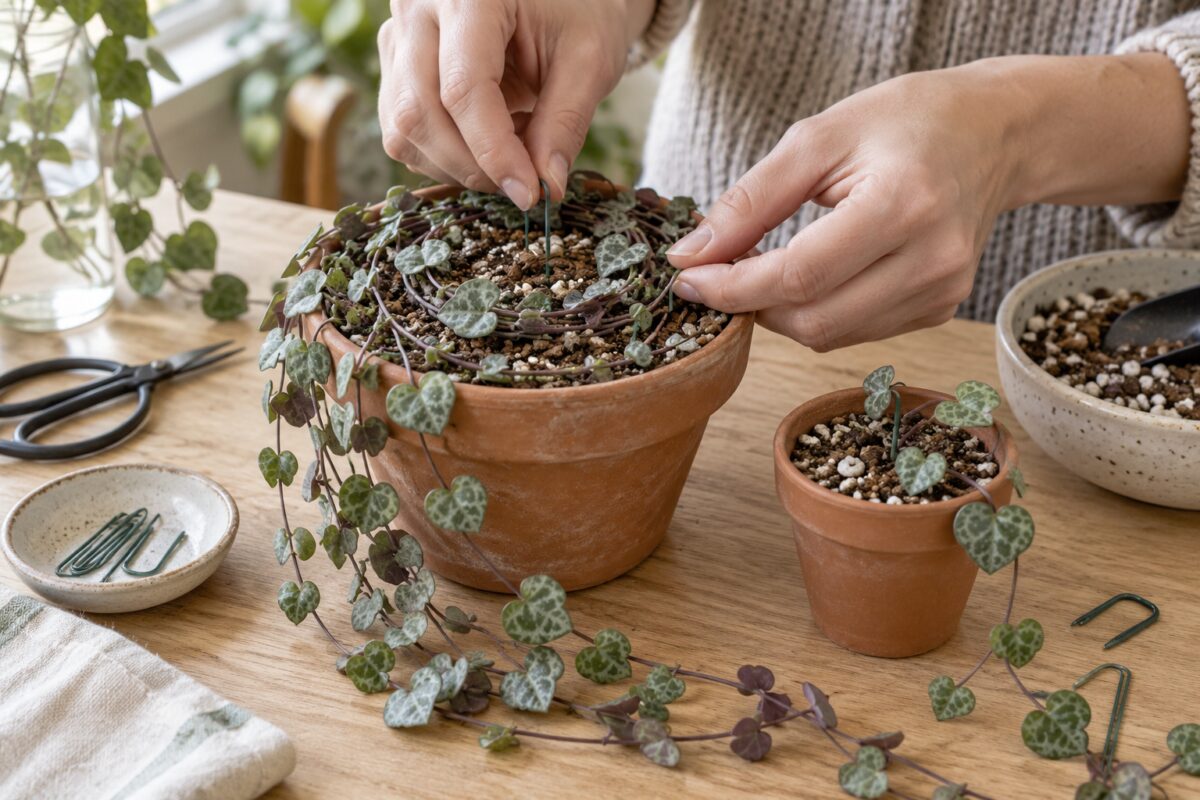 Tralci di Ceropegia fissati sul terriccio per infoltire il vaso
