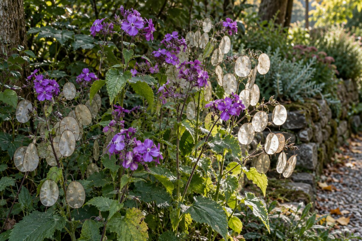 Lunaria con fiori viola e dischi traslucidi in giardino