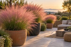 La Muhlenbergia crea una nuvola rosa sul terrazzo e alleggerisce pietra e metallo