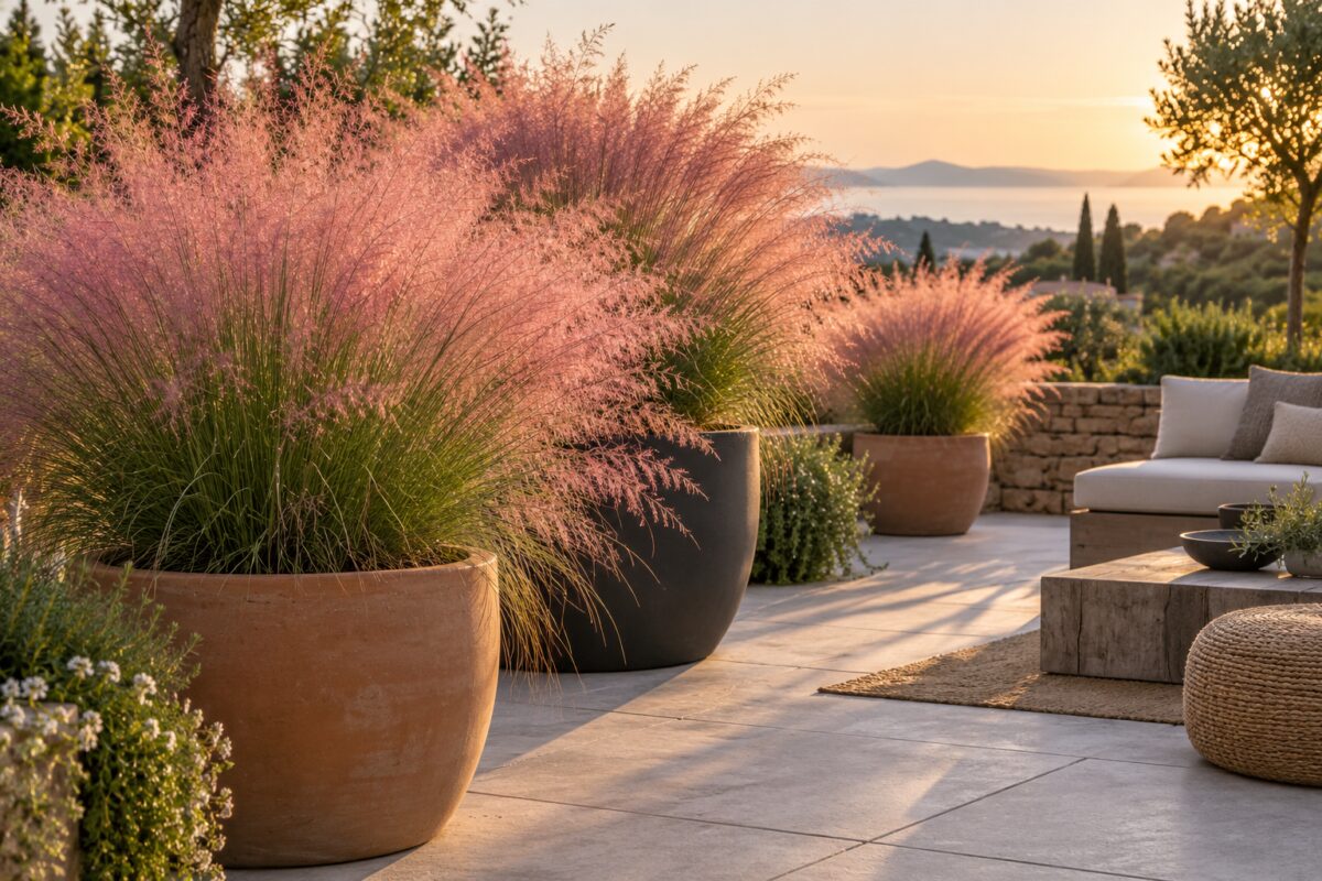 Muhlenbergia capillaris in vaso con infiorescenze rosa su un terrazzo contemporaneo