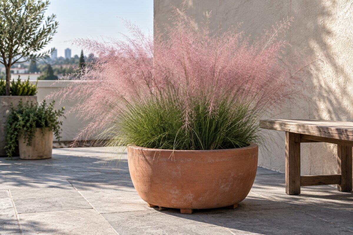 Cespo di Muhlenbergia capillaris in un vaso di terracotta profondo