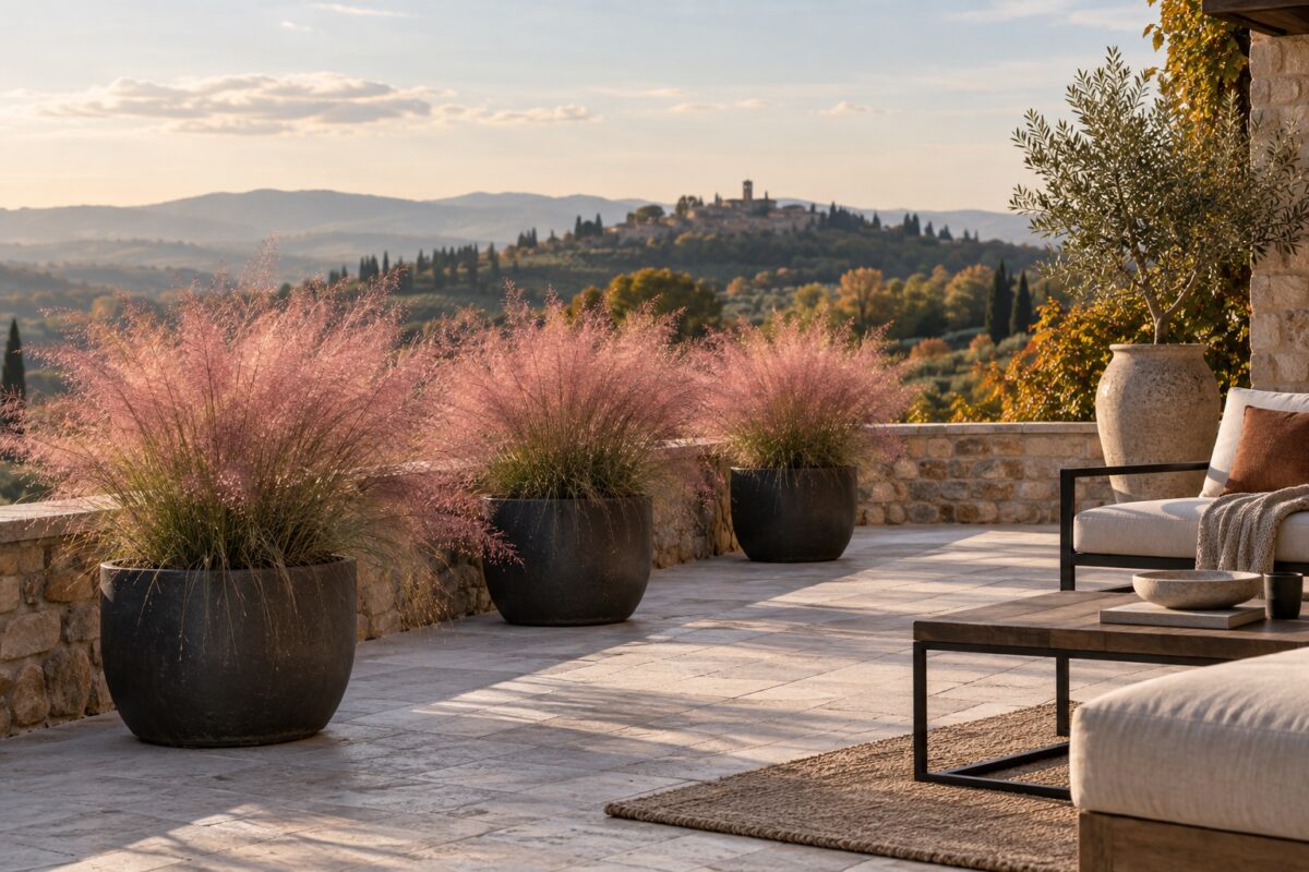 Composizione di Muhlenbergia con pietra metallo e legno su un terrazzo