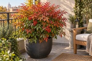 La Nandina cambia colore sul balcone: foglie rosse e bronzo arredano l’autunno