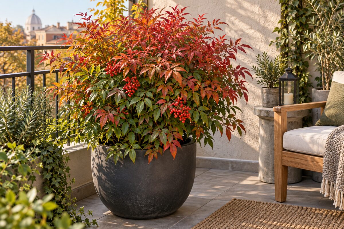 La Nandina cambia colore sul balcone: foglie rosse e bronzo arredano l’autunno