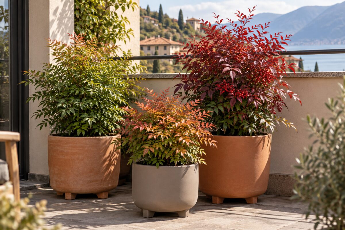 Composizione di Nandina domestica in vasi coordinati su un piccolo balcone