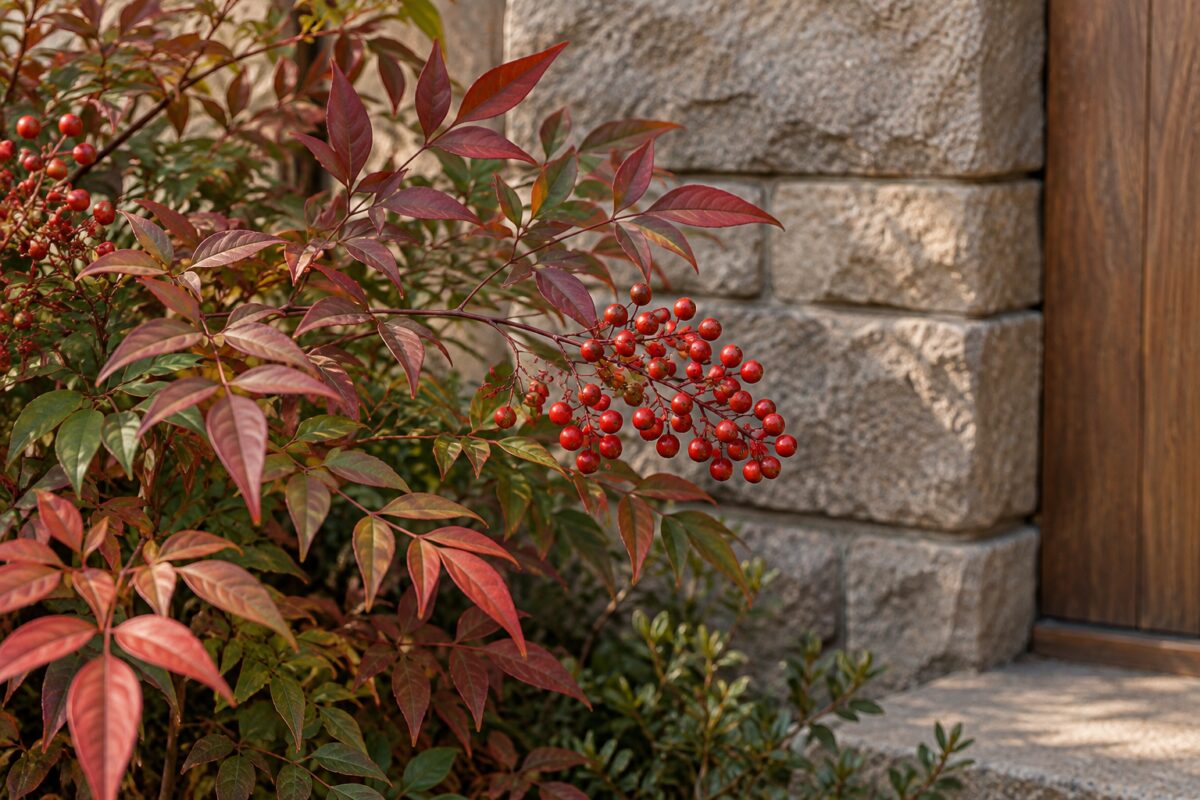 Dettaglio delle foglie rosse e delle bacche di Nandina domestica