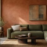 Soggiorno con parete terracotta effetto tadelakt e divano verde oliva