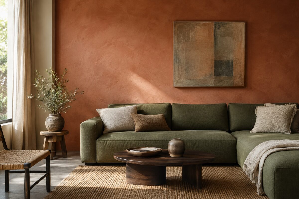 Soggiorno con parete terracotta effetto tadelakt e divano verde oliva