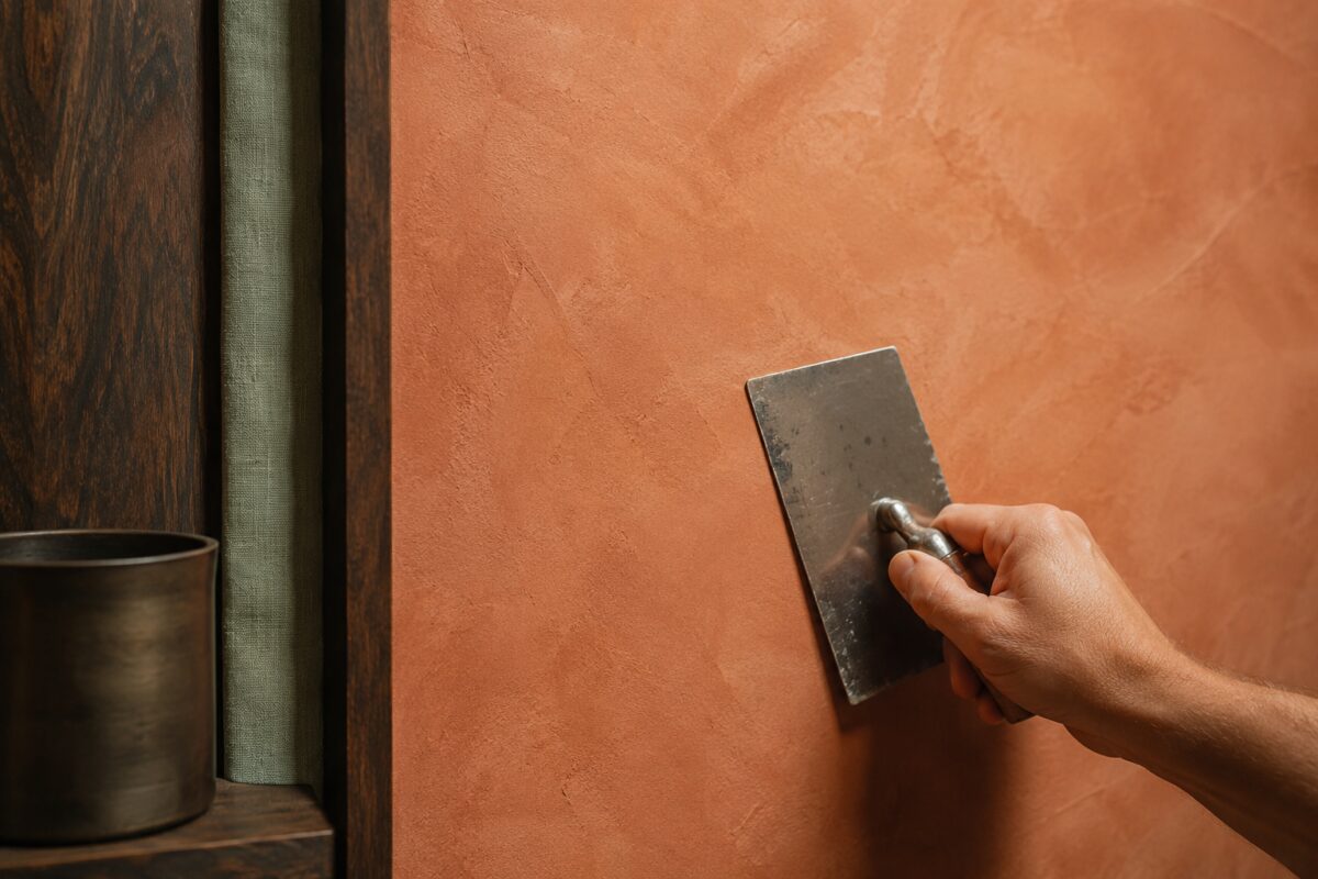 Applicazione di una finitura minerale terracotta con spatola su una parete interna