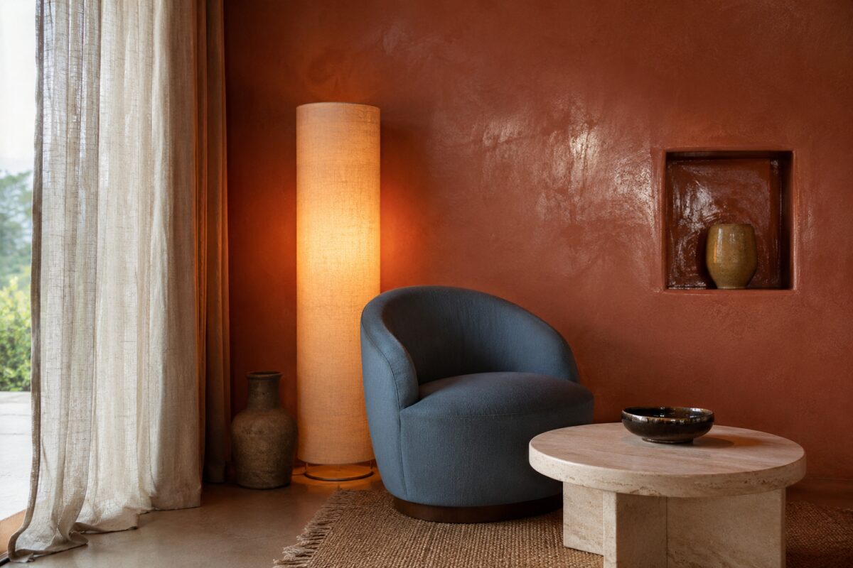 Angolo soggiorno con parete terracotta, poltrona azzurro polvere e legno scuro