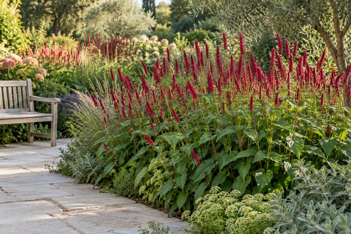 Persicaria amplexicaulis con spighe cremisi in una bordura accanto al vialetto in pietra