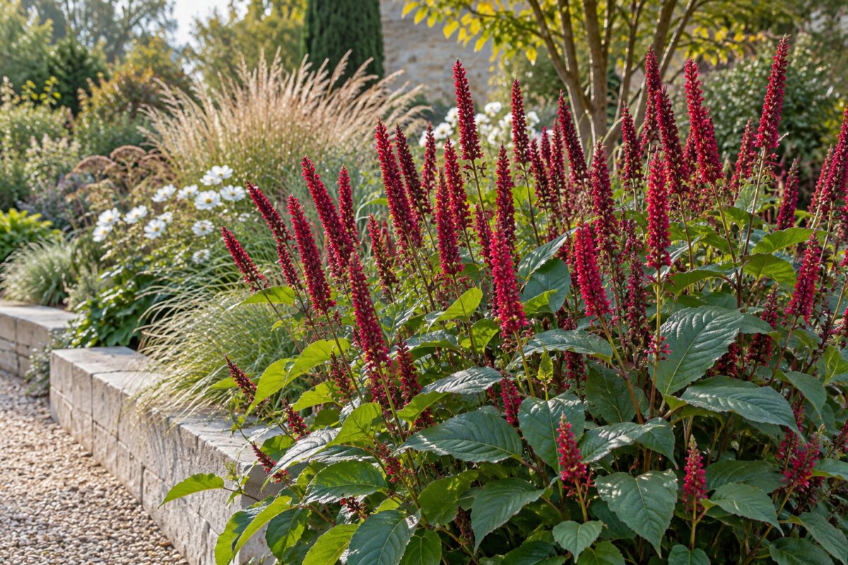 Spighe cremisi di Persicaria amplexicaulis tra graminacee e fiori bianchi